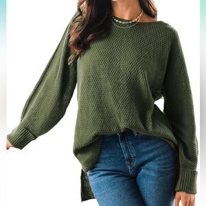 Dark Green Waffle Knit High-Low Relaxed Fit Sweater